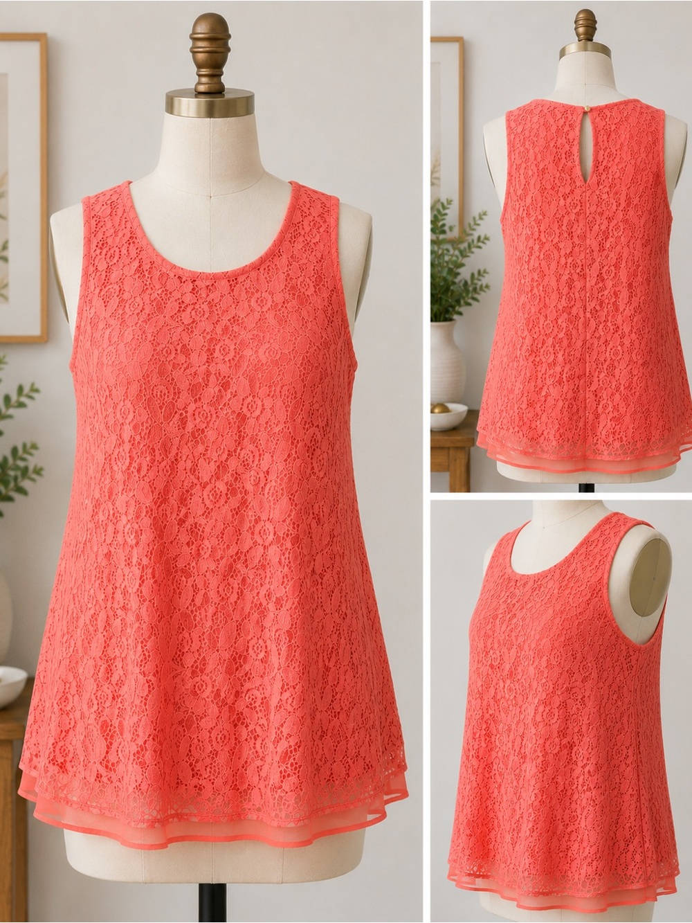 Jella C Coral Lace Sleeveless Tank Top Floral Lace Keyhole Back Size Medium